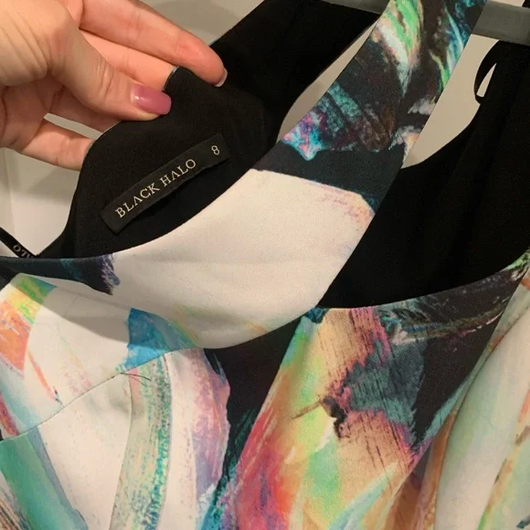 Black Halo One Shoulder Abstract Multicolored Floral Midi Dress w/ Side Slit. - Picture 4 of 5